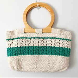 Knit/Woven Wooden Handle Tote Bag Boho Grandma